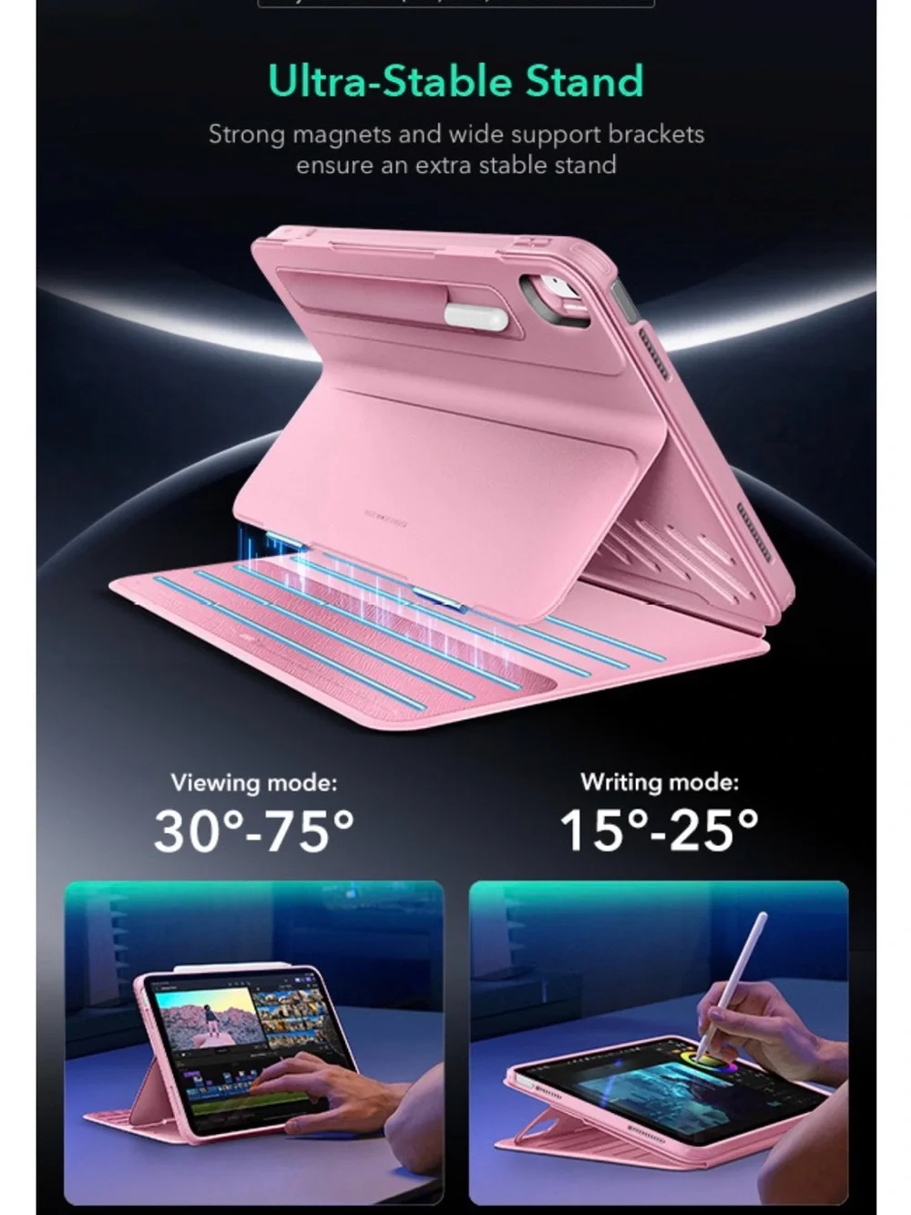 Universal Pink Tablet Folio Case with Tri-Fold magnetic Stand